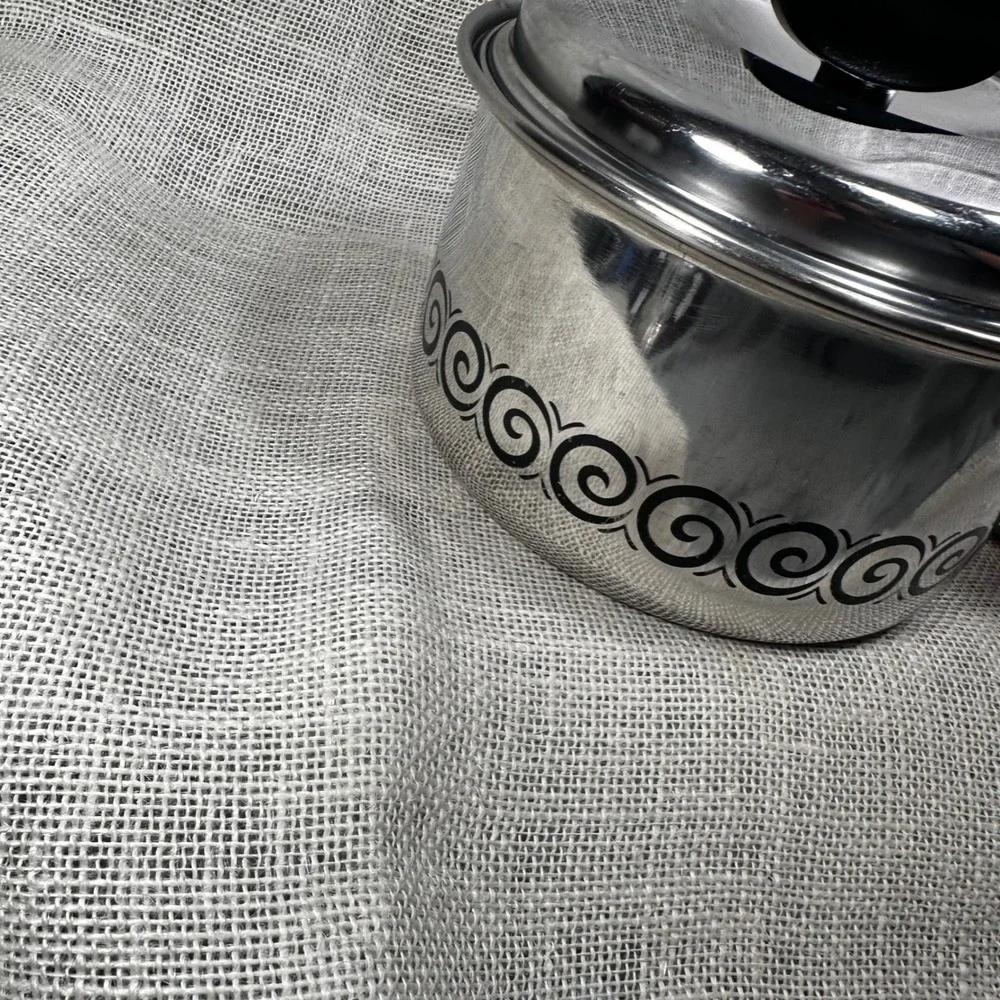 Vintage EKCO 2 Qt Stainless Steel‎ Saucepan Black Scroll MCM Retro w 2 Lids